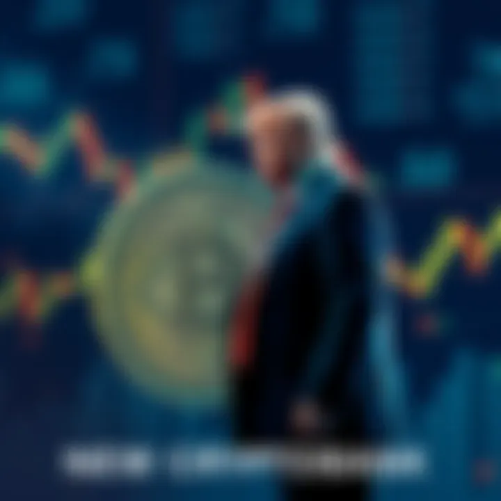 President Trump standing near a digital currency symbol with a financial background