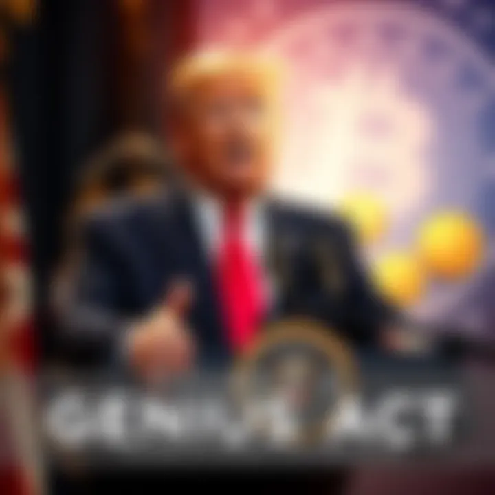 President Trump speaking at a podium about the GENIUS Act, with a graphic of stablecoins in the background