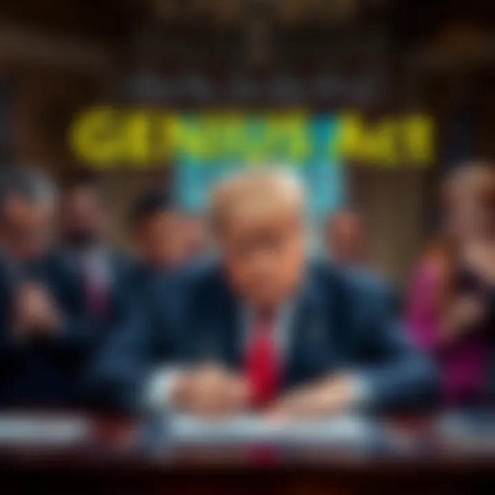 Donald Trump signing the GENIUS Act with supporters in the background, emphasizing support for the crypto industry