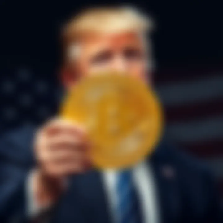 Former President Trump holding a Bitcoin symbol in front of a U.S. flag, expressing support for cryptocurrency.