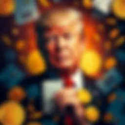 Trump surrounded by cryptocurrency coins and IRS documents, highlighting the conflict between pro-crypto views and IRS tracking regulations.