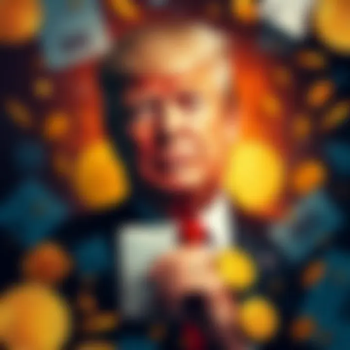 Trump with crypto coins Trump surrounded by cryptocurrency coins and IRS documents, highlighting the conflict between pro-crypto views and IRS tracking regulations.