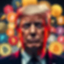 Former President Trump surrounded by popular cryptocurrency logos, highlighting his connection to digital currency and concerns about influence in politics.