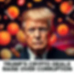 A visual representation of President Trump surrounded by various cryptocurrency symbols, reflecting controversy and corruption allegations in his deals.