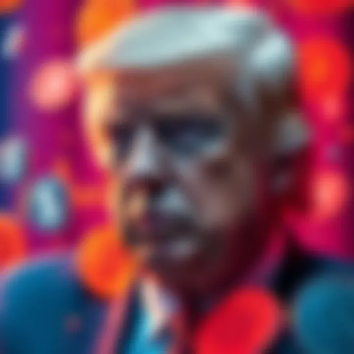 Donald Trump surrounded by various cryptocurrency symbols and dollar signs, illustrating his reported earnings.