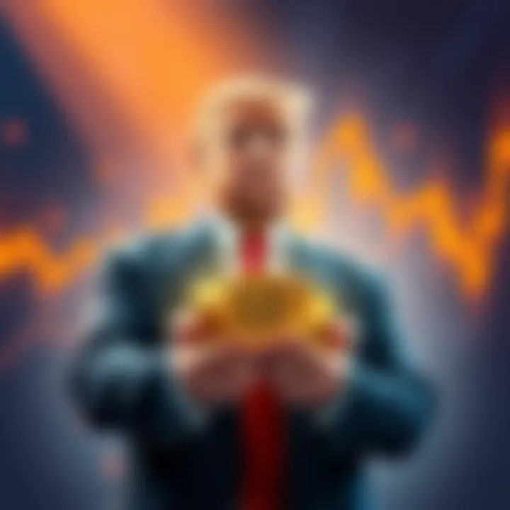 Illustration of a businessman holding digital coins with a graph showing market growth in the background