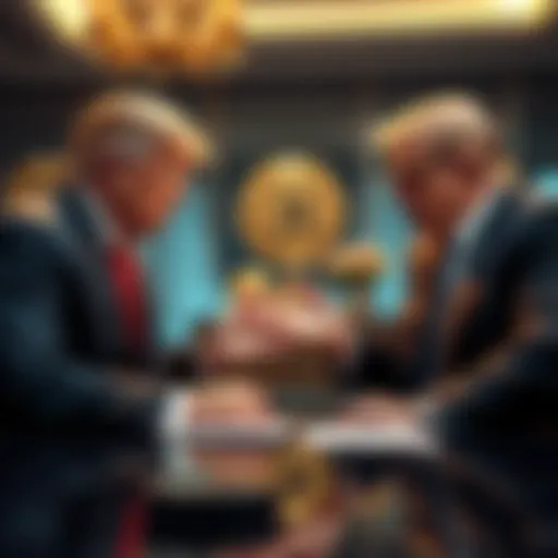 Former President Trump meeting with a crypto billionaire in a business setting, discussing potential deals.