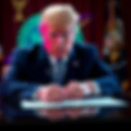 President Trump signing an executive order with a cryptocurrency graphic in the background, representing the inclusion of crypto in 401(k)s