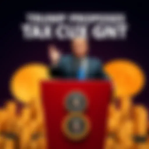 President Trump standing at a podium with cryptocurrency symbols in the background, announcing the elimination of capital gains tax on digital assets.