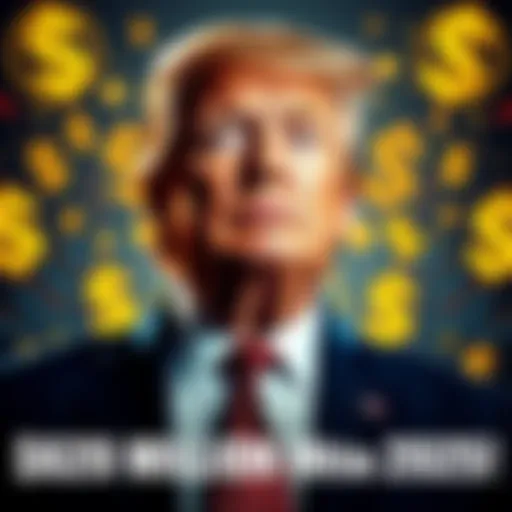 President Trump with a backdrop of cryptocurrency symbols and dollar signs, representing potential profits from his investments.
