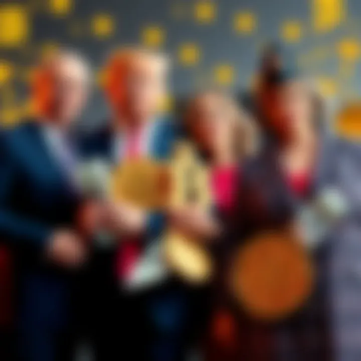 Donald Trump and family standing with cryptocurrency symbols and dollar bills