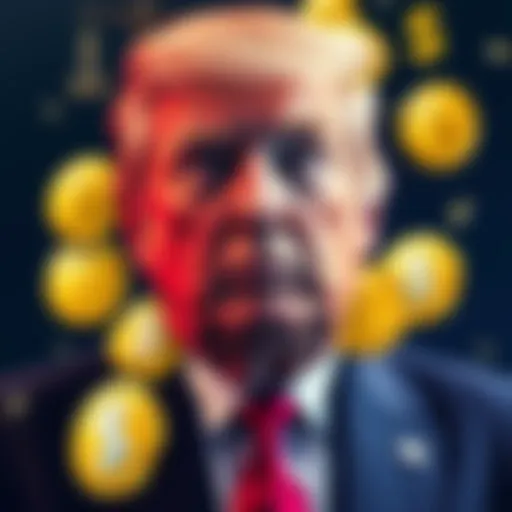 Donald Trump surrounded by various meme coin logos and dollar signs, highlighting crypto and celebrity culture