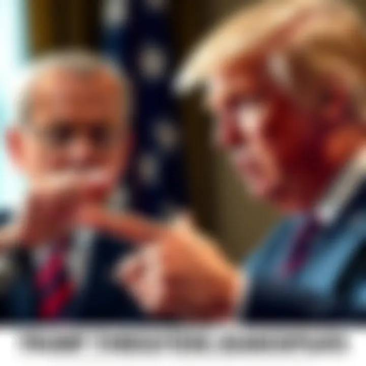 President Trump speaks sternly while pointing at Federal Reserve Chair Jerome Powell, who looks concerned. They are in a serious discussion about interest rates and economic policies.