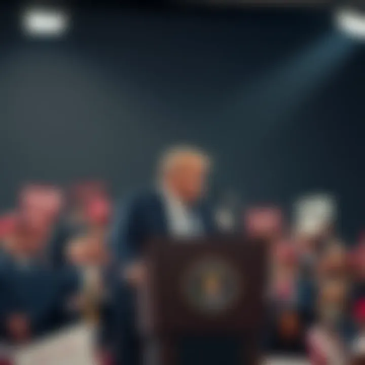 Donald Trump stands at a podium during a rally, addressing a crowd of supporters