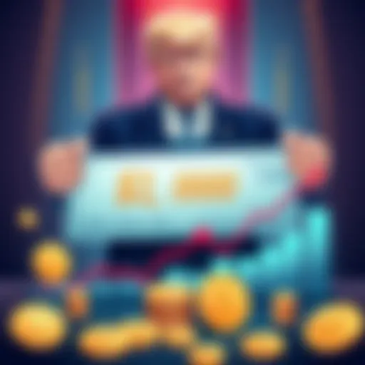 Illustration of President Trump proposing a $2,000 check with Bitcoin symbols and a graph showing market growth.