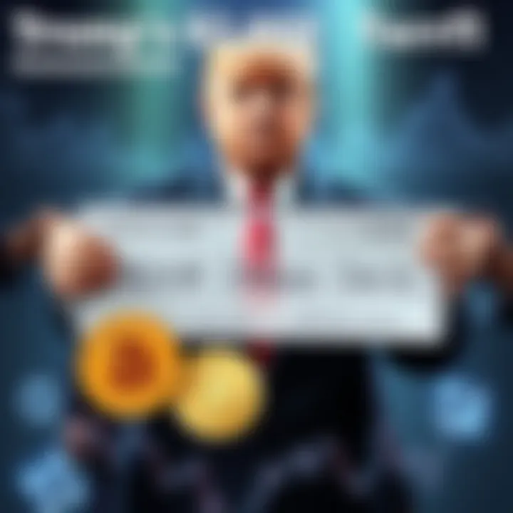 A graphic showing President Trump with a $2,000 check symbol, alongside Bitcoin logos and stock market trends, indicating financial impact.