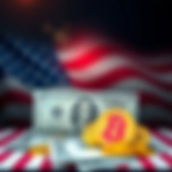 A graphic showing money and cryptocurrency symbols with the U.S. flag in the background, highlighting the potential impact of Trump's $2000 tariff checks on the financial market.