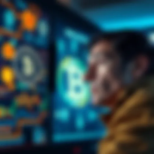 A person looking at digital currency symbols on a screen with a thoughtful expression