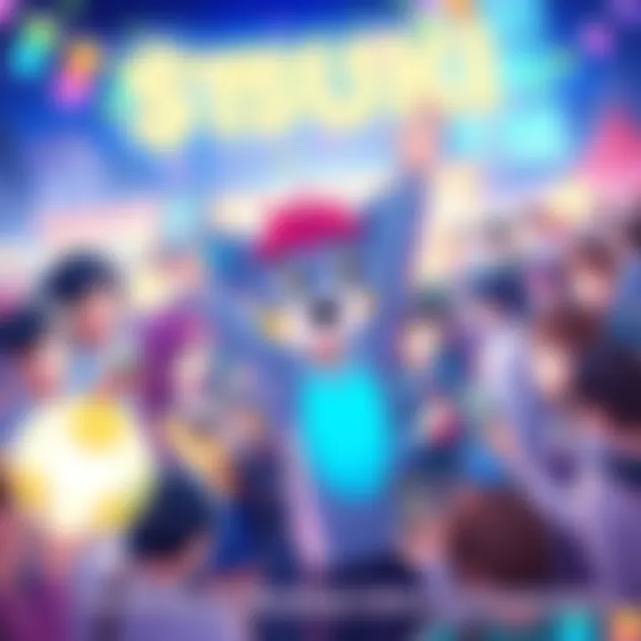 Illustration of a lively community gathering celebrating $TSUKI, featuring anime characters, a colorful mascot, and people engaging with technology.