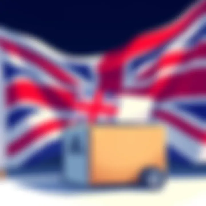 Illustration showing a UK flag with a card and delivery box, representing the referral program and avoiding delivery fees.