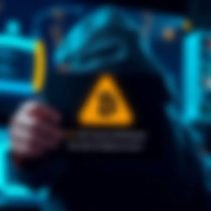 Graphic showing a person's CoinSpot account with a warning symbol representing an unauthorized withdrawal of Bitcoin.