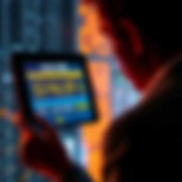 A graphic showing a person looking at a digital wallet with fluctuating gas fee numbers on a screen, representing cryptocurrency transaction costs.