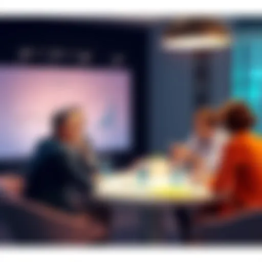 A group of people discussing entry trends at a round table with charts and graphs in the background