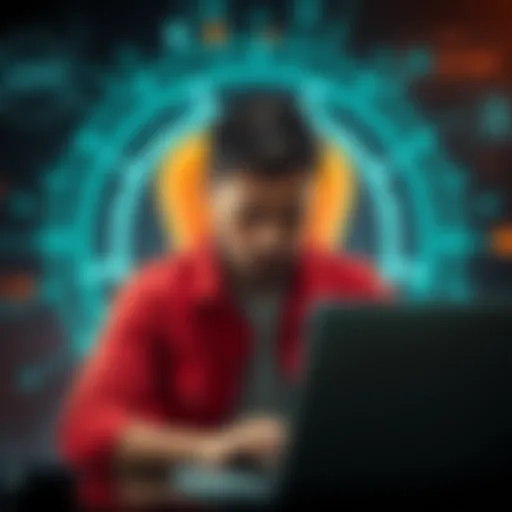 A person looking concerned while using a laptop, with digital security symbols in the background