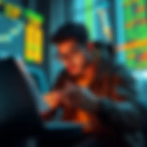 An unemployed person checking cryptocurrency prices on a laptop while holding a paycheck