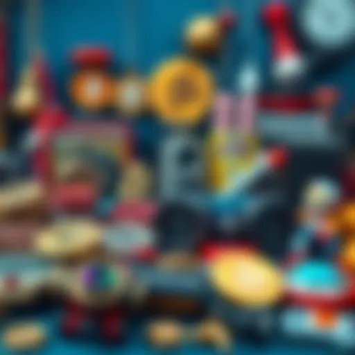 A collection of quirky items like vintage toys, collectibles, and gadgets symbolizing unconventional ways to acquire Bitcoin.