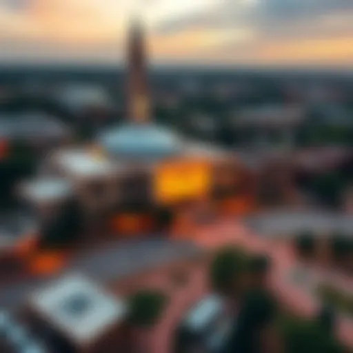 Aerial view of the University of Texas campus with mining equipment on land for Bitcoin operations, showcasing a new financial initiative for students.
