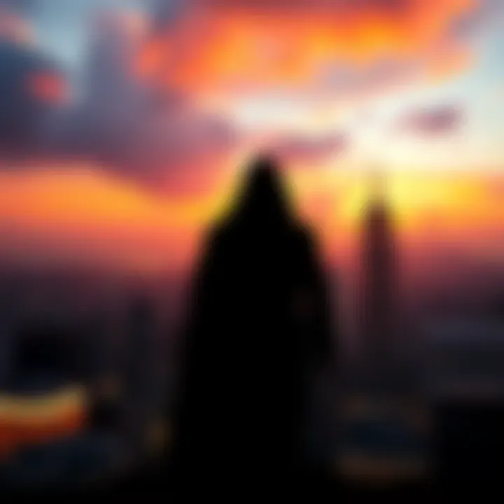 A shadowy figure standing with a city skyline in the background, representing unseen wealth and power.