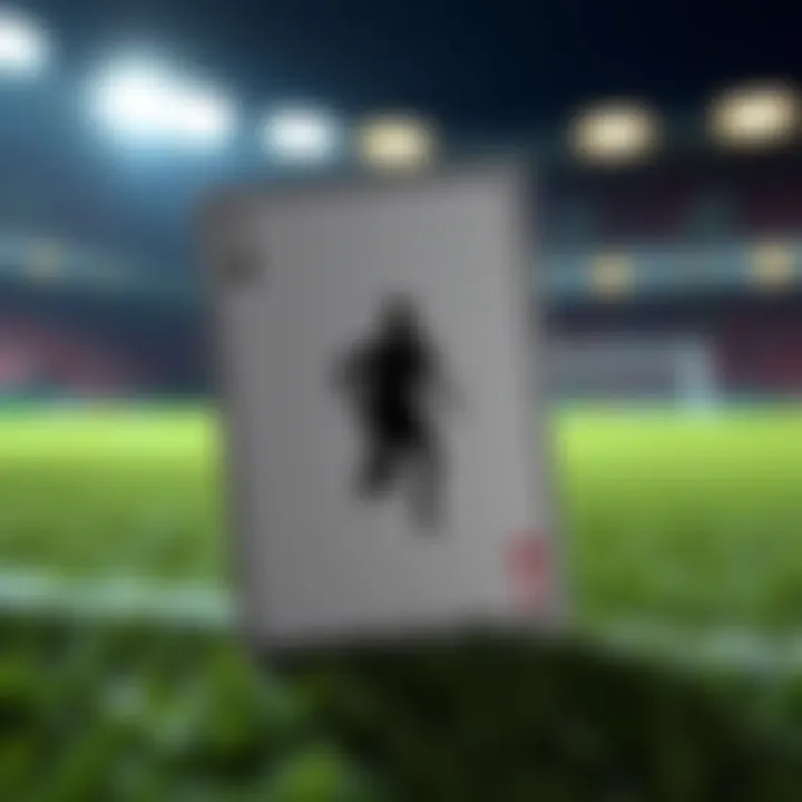 A close-up view of a card with a silhouette of a soccer player, symbolizing unrevealed cards, set against a blurred background of a soccer field.