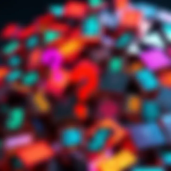 A collection of colorful digital art pieces representing NFTs with a question mark symbol, showing uncertainty about what to do next with them.