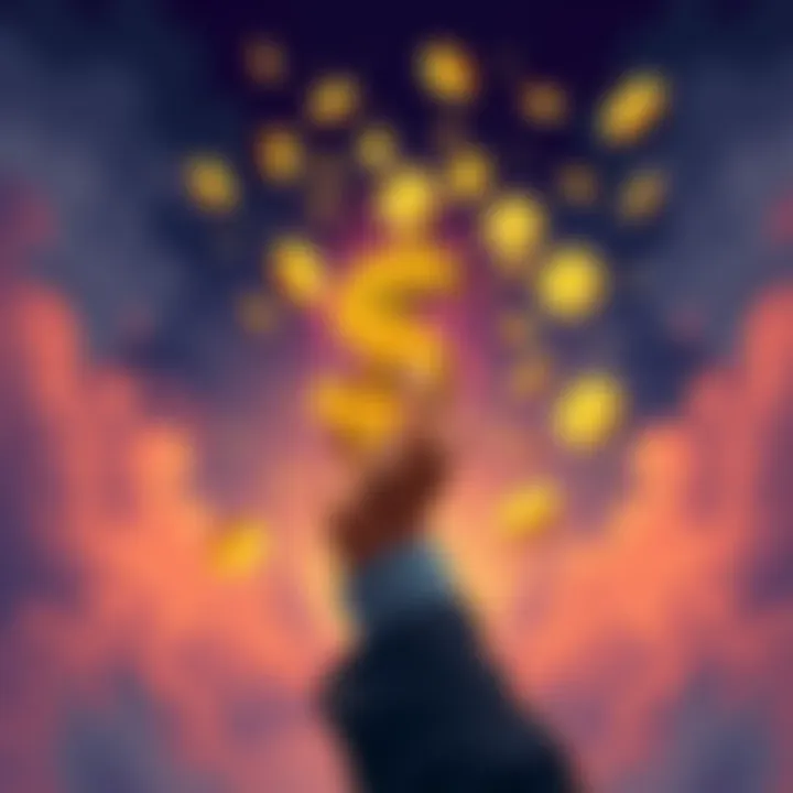 Illustration of a person holding a dollar sign transforming into digital coins symbolizing stablecoins, representing the US government's alleged plan to convert debt.