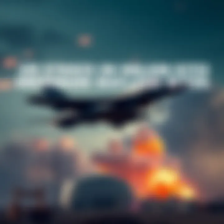 A military aircraft dropping munitions on an Iranian nuclear facility, with explosions and smoke rising in the background