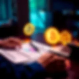 A person reviewing tax documents alongside DeFi and NFT symbols, with a calculator and laptop on the table