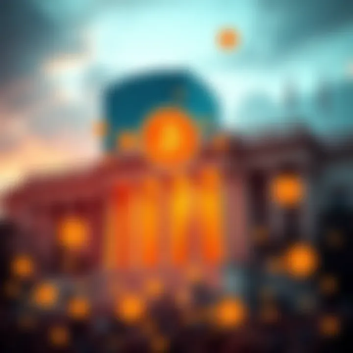A group of bank buildings with digital currency symbols in the foreground, symbolizing the connection between banks and cryptocurrency.