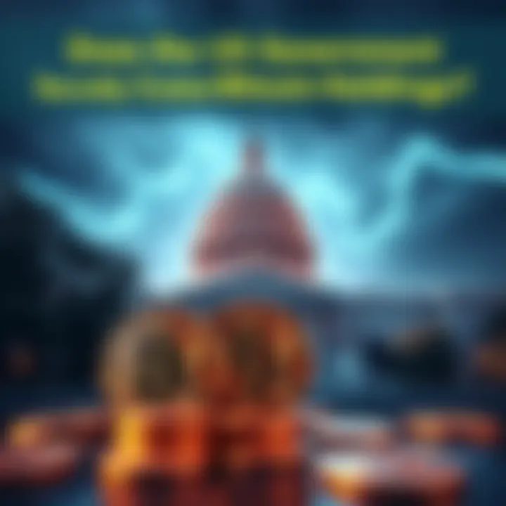 Representation of Bitcoin coins next to US government building, suggesting hidden control over cryptocurrency