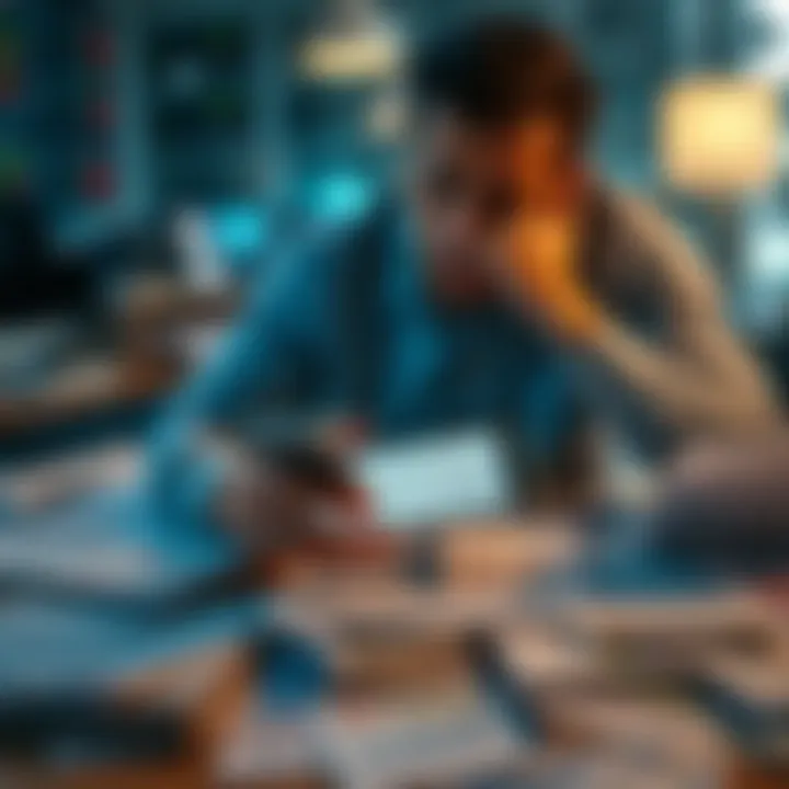 A worried investor checks stock market trends on their phone while sitting at a desk with financial reports scattered around them, symbolizing anxiety over a potential government shutdown.