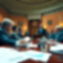 Senate Finance Committee members discussing cryptocurrency taxation, industry leaders present, charts and documents visible