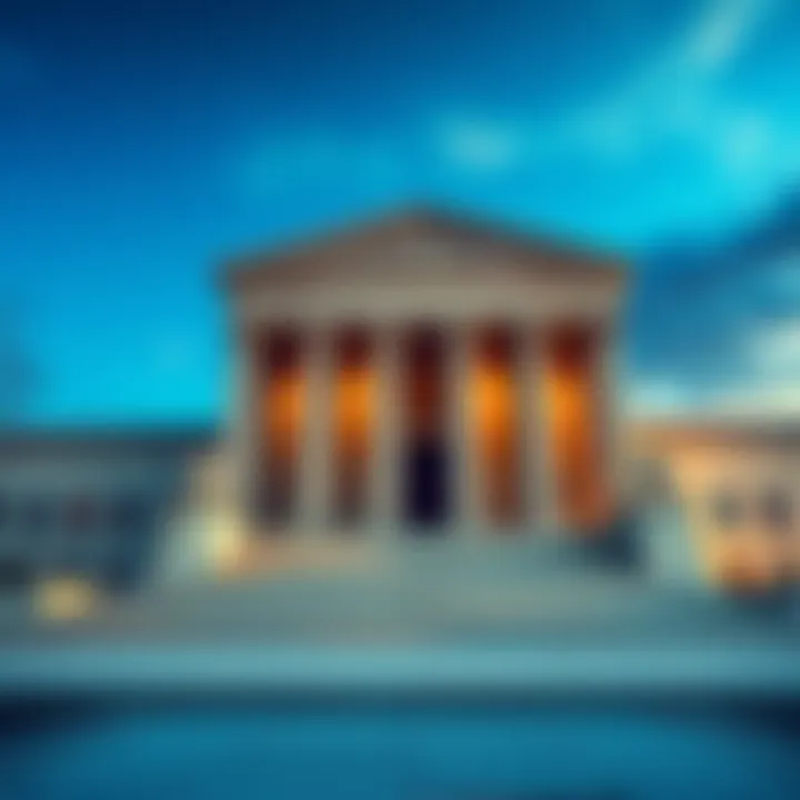 Exterior view of the US Supreme Court building with a focus on the iconic columns and steps, symbolizing justice.