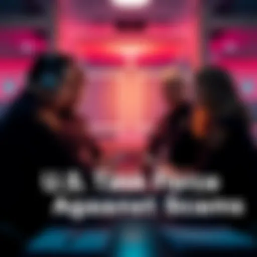 A team of law enforcement officers discussing strategies to combat financial scams, with a focus on consumer protection efforts.