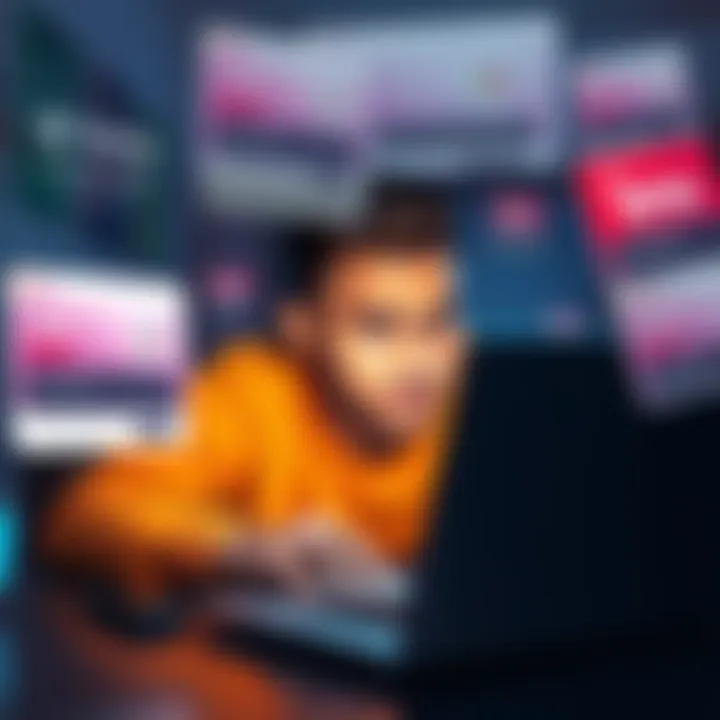 User frustrated by ads A person looking annoyed while browsing on a laptop, surrounded by intrusive pop-up ads for Temu