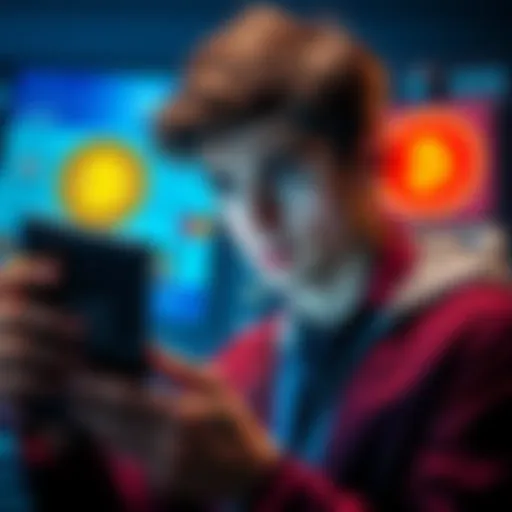 A person looking worried while checking a mobile wallet for Bitcoin transactions, with images of a credit card and a warning sign in the background.