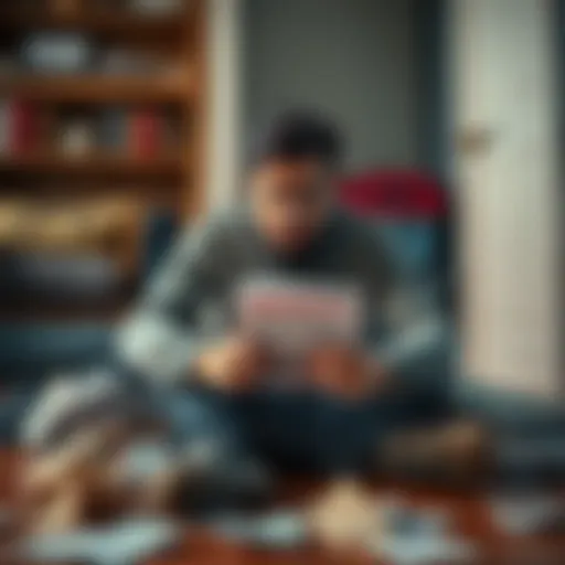 Concerned individual sitting on the floor surrounded by bills and eviction notice, looking stressed and worried about financial situation.