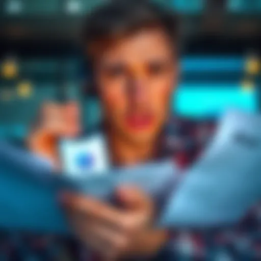 A person looking confused and frustrated while holding a phone with a River app visible. They are surrounded by paperwork and look for answers on their account's sudden closure.