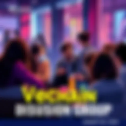 A diverse group of people discussing blockchain technology and Vechain developments in a casual setting