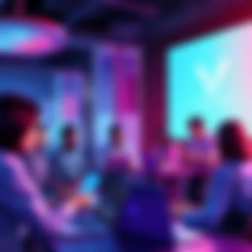 A group of people engaging in discussion about Vechain, with laptops and notes, highlighting blockchain topics and updates