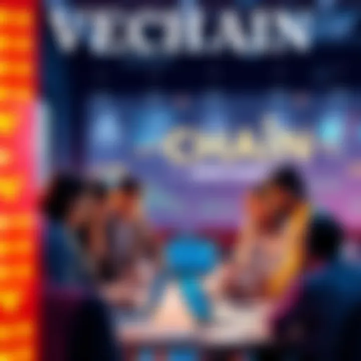 Group of people discussing Vechain blockchain updates, with laptops and charts around them